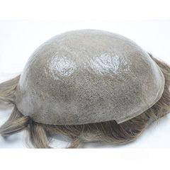 Peruca de poliuretano de 0,06 mm em estoque, pele fina em V, cabelo humano, peruca masculina, sistema de substituição de cabelo