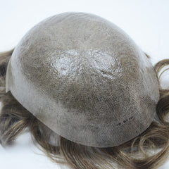 Peruca de poliuretano de 0,06 mm em estoque, pele fina em V, cabelo humano, peruca masculina, sistema de substituição de cabelo