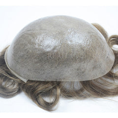 Peruca de poliuretano de 0,06 mm em estoque, pele fina em V, cabelo humano, peruca masculina, sistema de substituição de cabelo