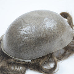 Peruca de poliuretano de 0,06 mm em estoque, pele fina em V, cabelo humano, peruca masculina, sistema de substituição de cabelo