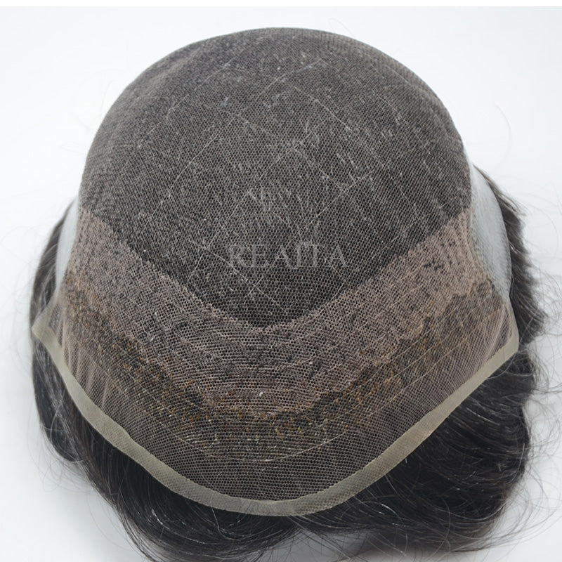 Peruca masculina octogonal personalizada com renda suíça e sistema de substituição de pelos de poliéster