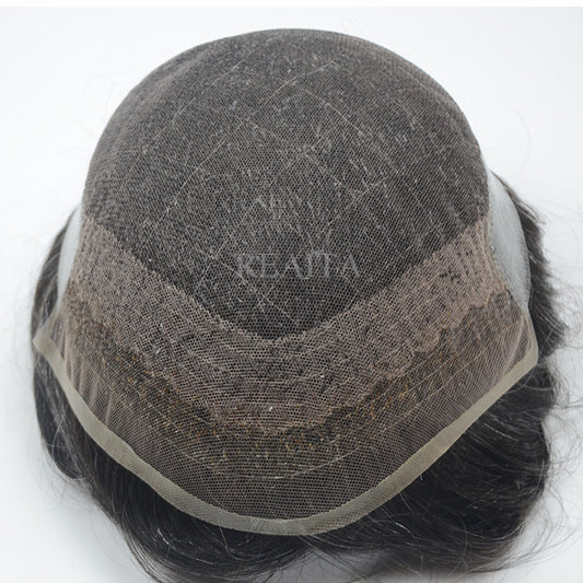 Peruca masculina octogonal personalizada com renda suíça e sistema de substituição de pelos de poliéster
