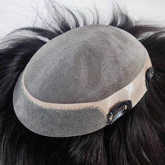 Mono personalizado com NPU em torno de 1 polegada de PU com gaze na frente, peruca masculina com clipes 