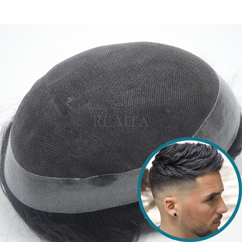 Peruca masculina de renda respirável AUS com 1 polegada de PU ao redor para calvície e cabelos ralos 