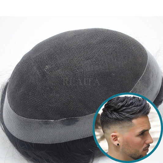 Peruca masculina de renda respirável AUS com 1 polegada de PU ao redor para calvície e cabelos ralos 