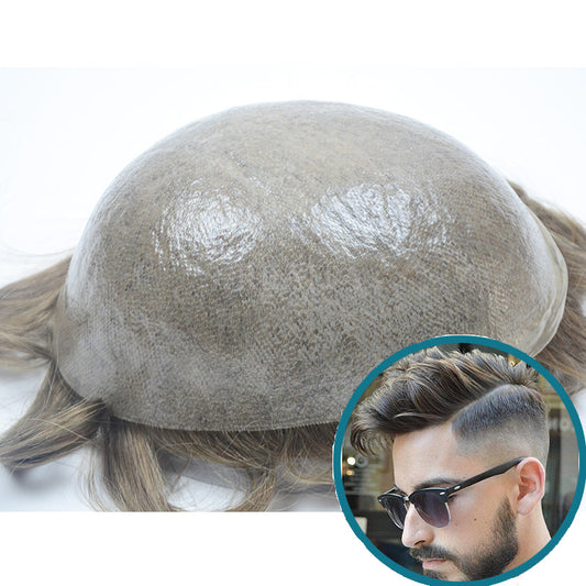 Peruca de poliuretano de 0,06 mm em estoque, pele fina em V, cabelo humano, peruca masculina, sistema de substituição de cabelo