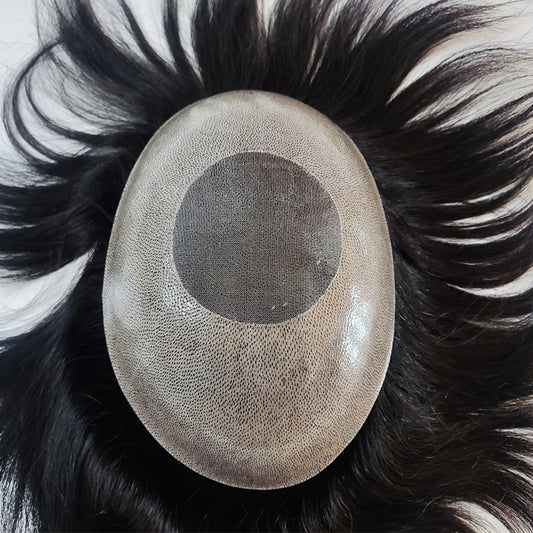 Peruca de cabelo humano com revestimento MONO+PU de 0810 mm de pele fina combinada com remendos de renda mono para homens 