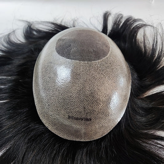Peruca de cabelo humano com revestimento MONO+PU de 0810 mm de pele fina combinada com remendos de renda mono para homens 